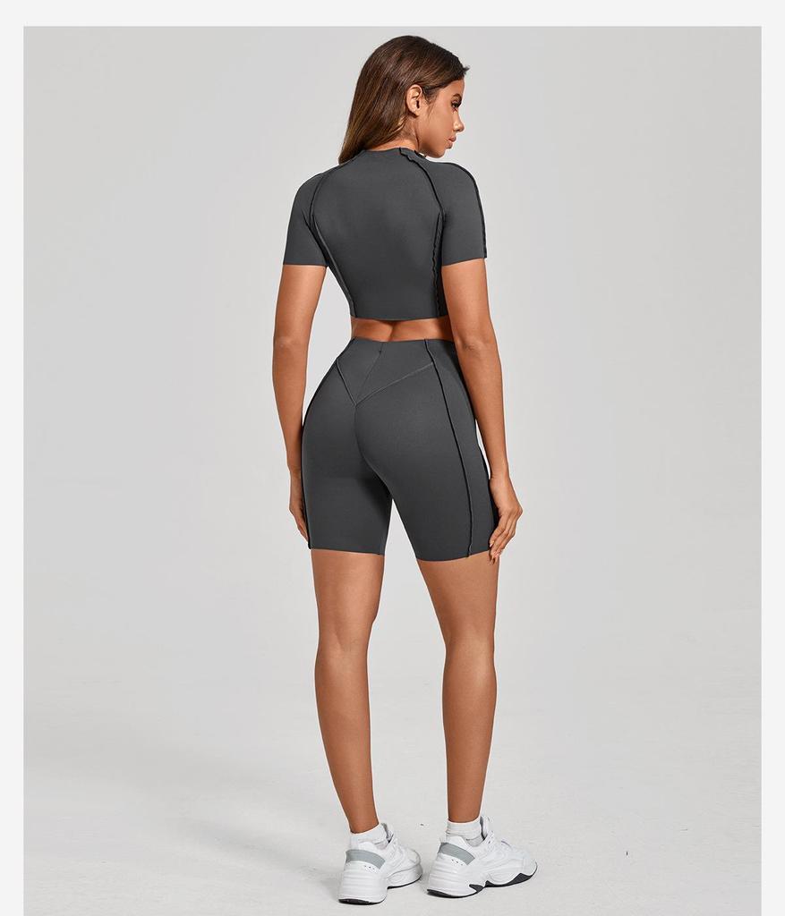 European & American 3D Patchwork Quick-Dry Yoga Set: Tight Short Sleeve & Shorts