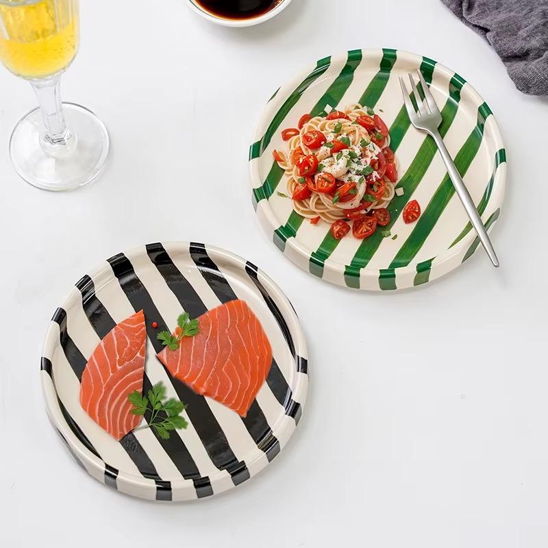 Colorful Ceramic 6inch Striped Plates – Handcrafted Dinnerware for Kitchen, Home Decor, Dessert, Salad, Party Use