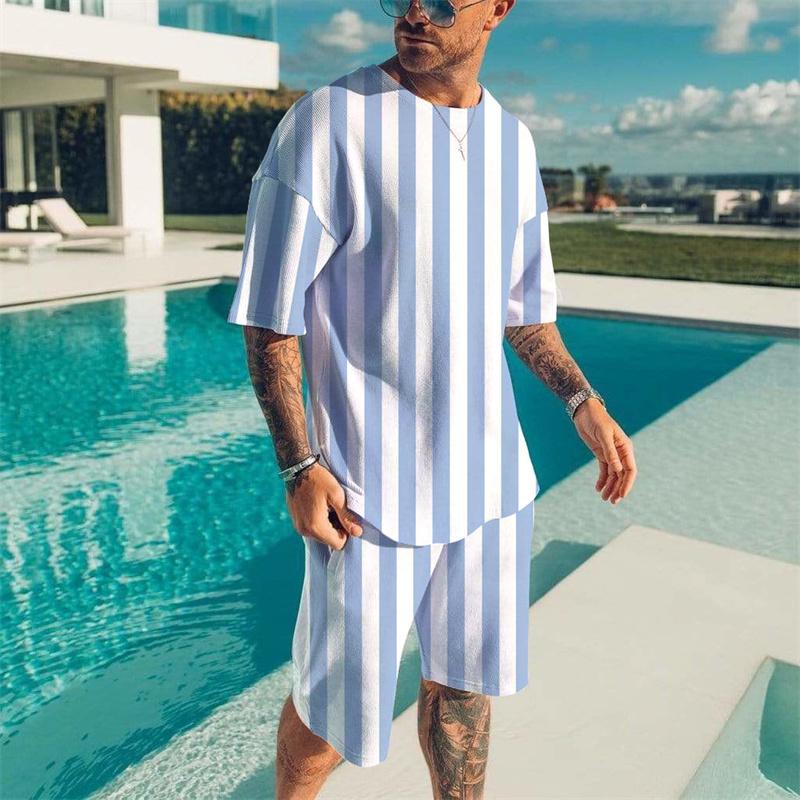Striped T-shirt 2 piece men's Hawaii beach T-shirts suit summer