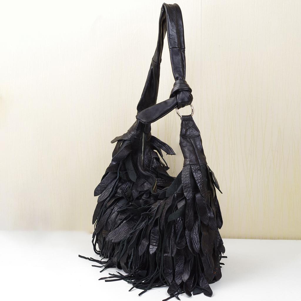 Genuine Black Tassel Resistant Shoulder Bag for Women Large Capacity Sheepskin Shoulder Bag High Quality