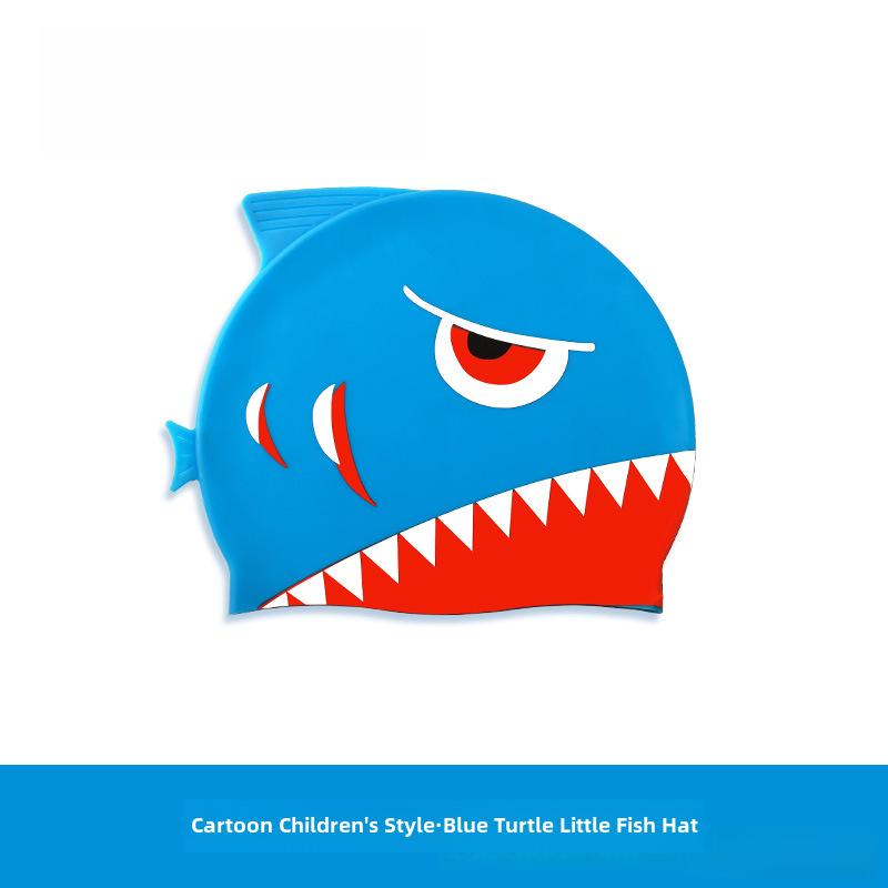 Vysoce elastické silikonové plavecké čepice pro všechny věkové kategorie - Pohodlné, netuhé s potiskem žraloka a ochranou uší pro muže, ženy a děti