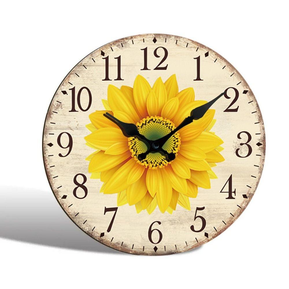 Wooden Retro Sunflower Clock Modern Round Silent Wall Clock Non-Ticking Hanging Wall Decor Clocks Bathroom