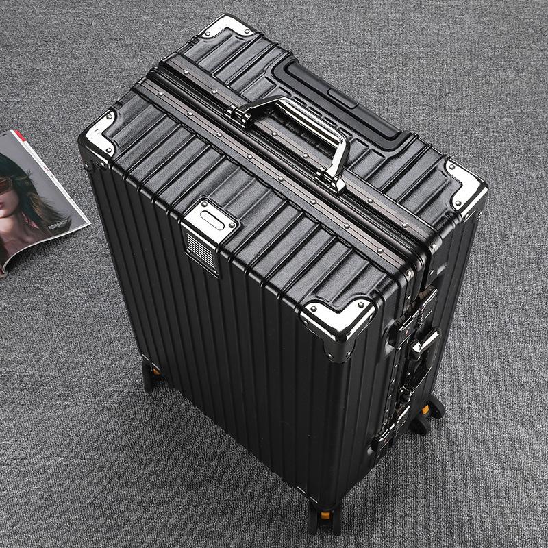 Large Capacity Aluminum Frame Travel Suitcase with Combination Lock, Trolley Wheels, and Durable Design for Men and Women.