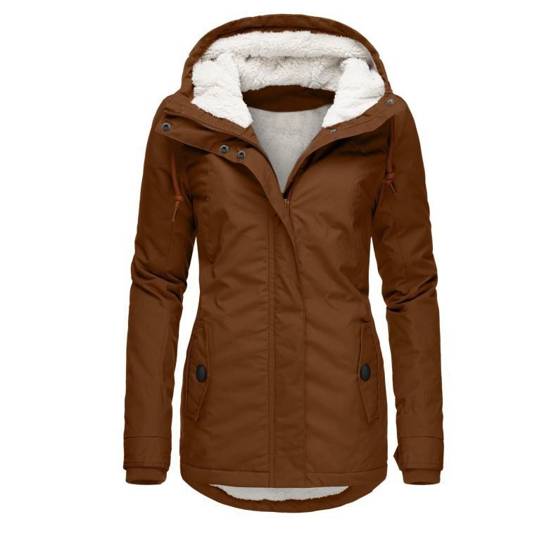Women's Hooded Sherpa Lined Midi Coat Solid Color Zip Up Warm Winter Casual Outerwear Jacket