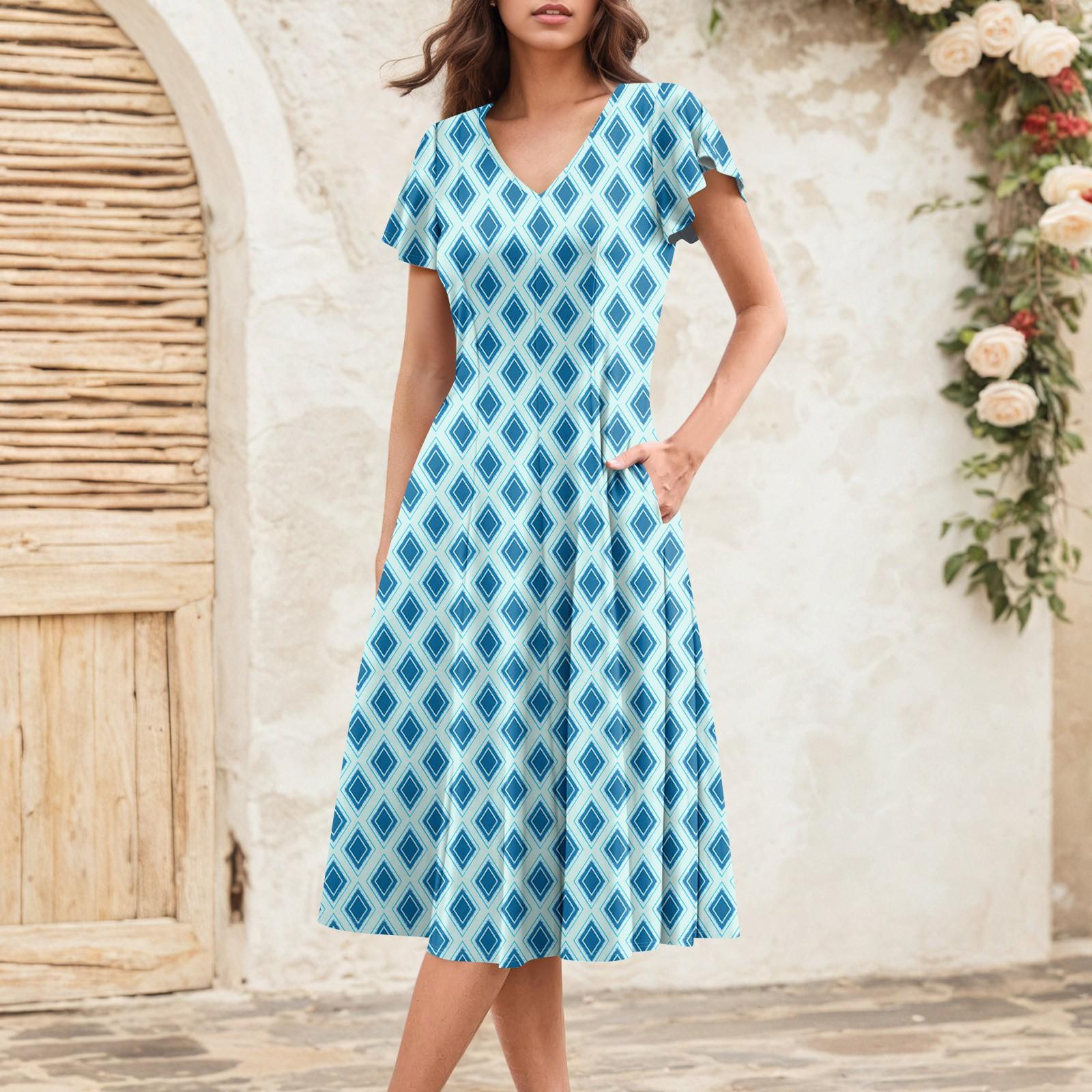 

Women s Summer Fashion V-Neck Ruffle Sleeve Retro Elegant Midi Dress L