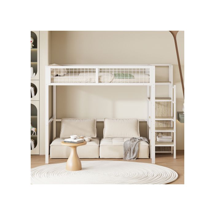 Mezzanino illuminato - MUVOE - 140x200 cm - Metallo bianco - Scala di sicurezza - Contenitore integrato