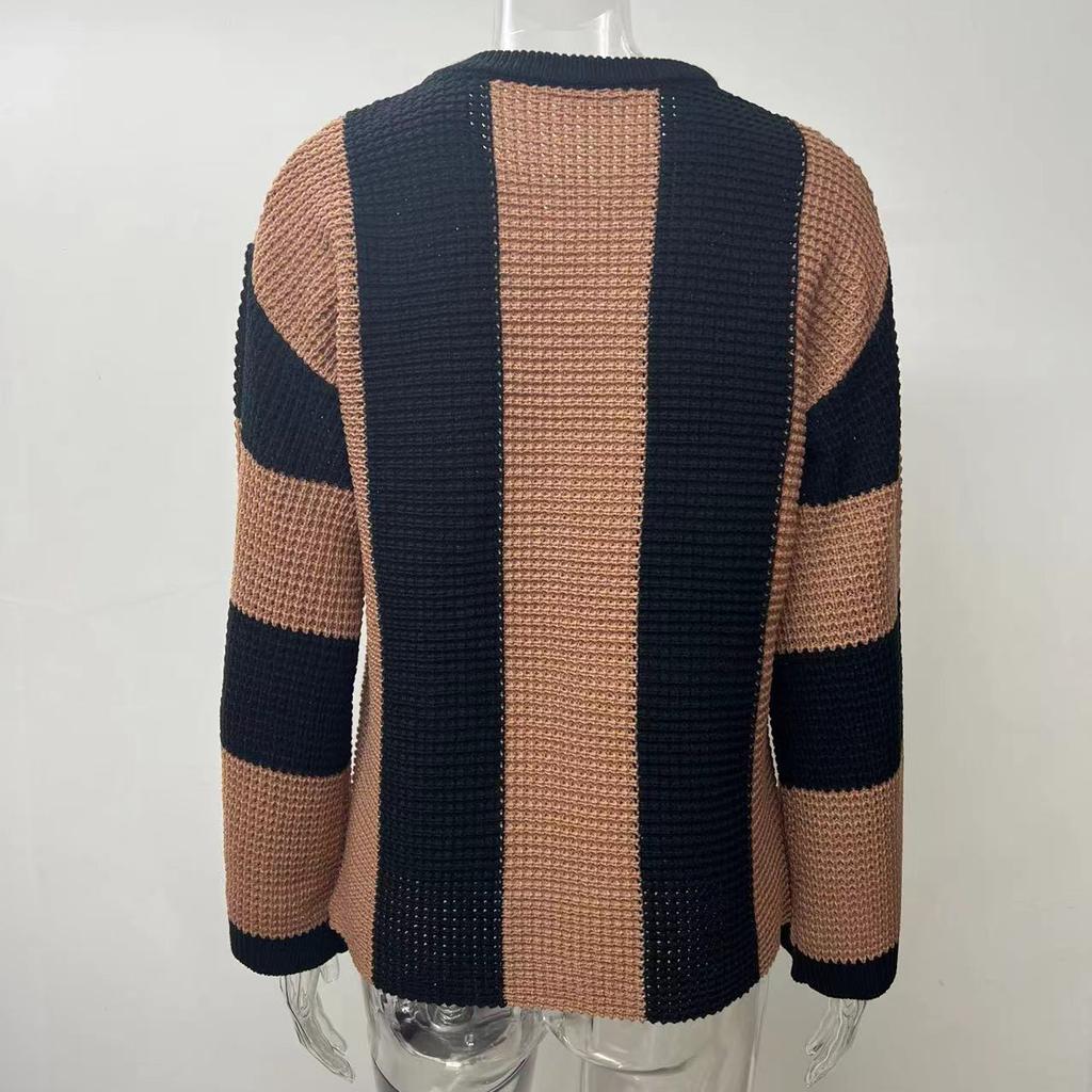 Bahor va Kuz Trikotaj Sviter Top Dumaloq Bo'yin Chiziqli Ayollar Moda Dizayni Sviter Jaket