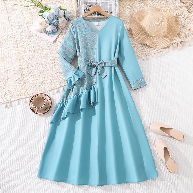 Modisches blaues Kleid für Mädchen: Elegantes Langarmkleid für Kinder Frühling und Sommer