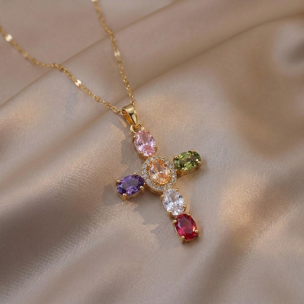 Women's Retro Japanese Korean Style Colorful Zircon Cross Necklace - Hip Hop Clavicle Chain.