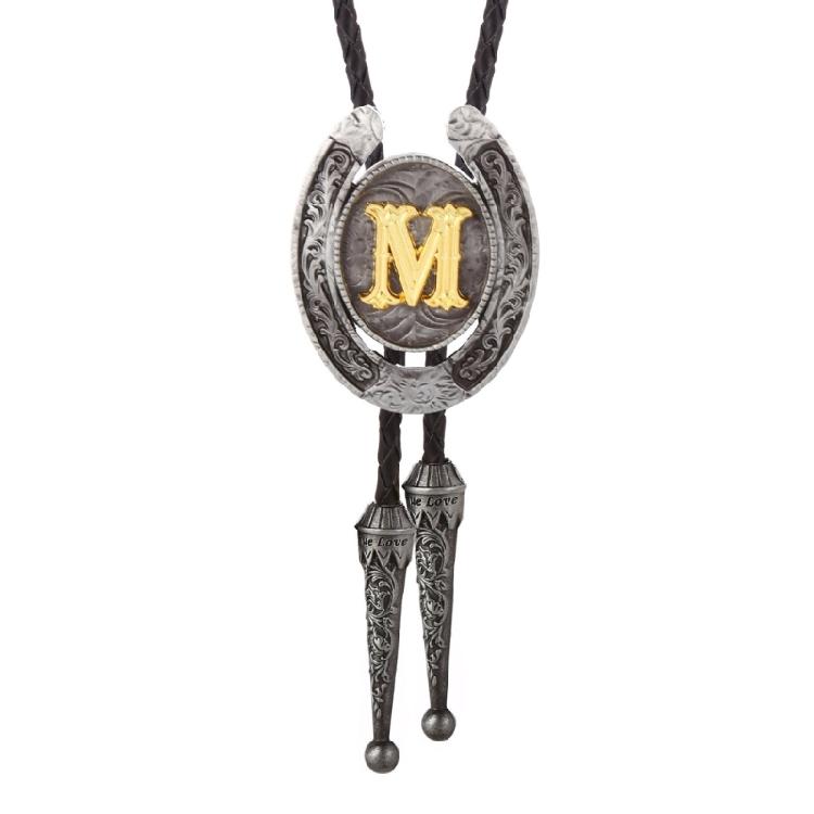 Men Faux Leather Rope Adjustable Bolo Tie Western Metal Initial Letter Pendant Shirt Collar Necktie Jewelry Necklace