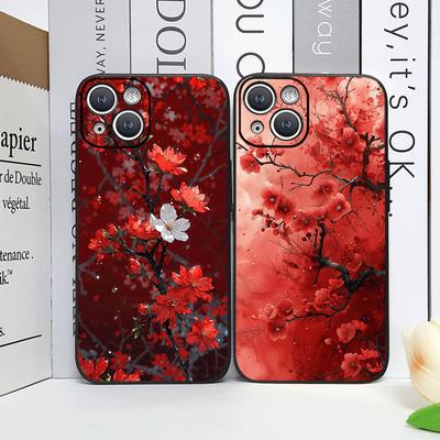 Retro umělecký vzor červených květů a švestkových květů Pouzdro na telefon pro iPhone 17 16 12 11 14 Plus 13 15 Pro Max Mini X XS XR Měkké kryty