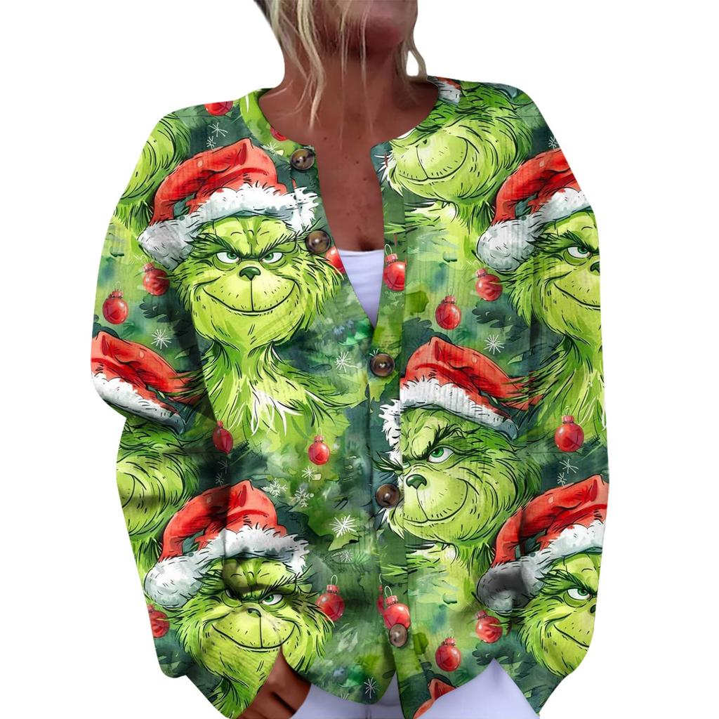 Women's Fashion Christmas Printed Long Sleeve Knitted Cardigan Button Down Jacket