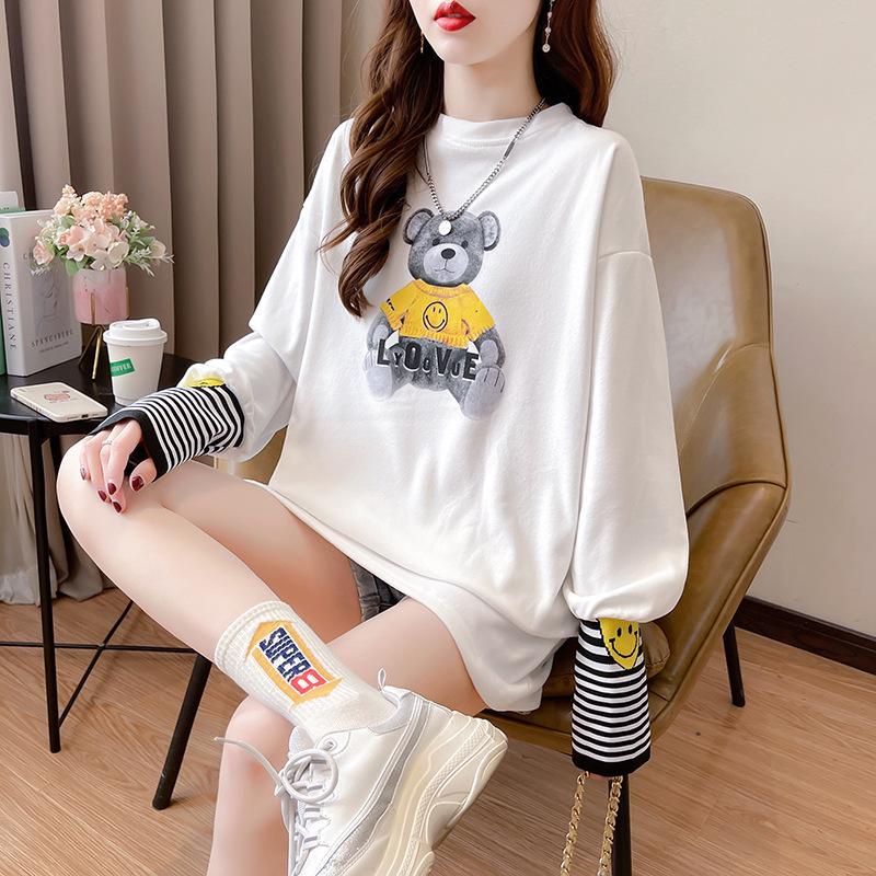 Spring Autumn O Neck Fashion Printing Striped Patchwork T-shirt Women Long Sleeve Loose Casual Bottomed Tee Top