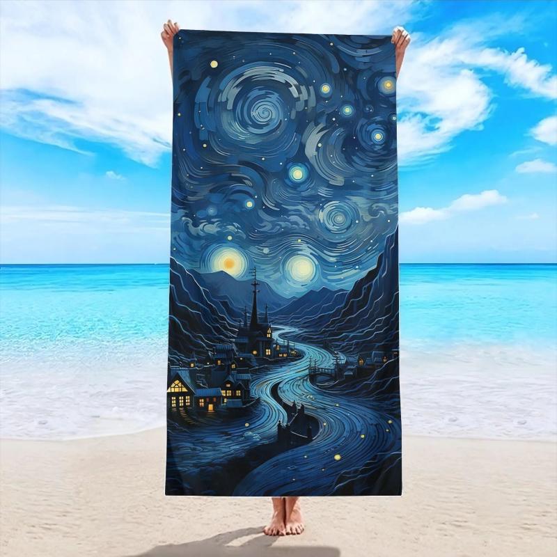 

Starry Night Village Fantasy Art Beach Towel Quick-Dry Polyester, Lightweight & Absorbent, Vibrant Starry Sky & Moonlit Village W30*H60(CM)