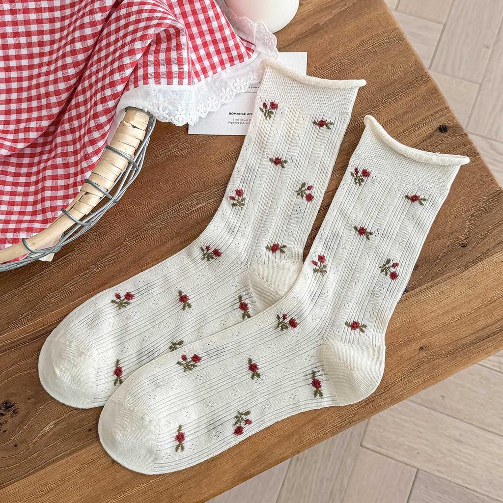 2026 New Mesh Floral Lace Women's Thin Striped Long Socks - Spring & Summer Korean Style