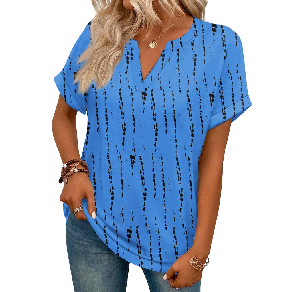 Stylish Women's Casual V-neck Short-sleeved Retro Print T-shirt