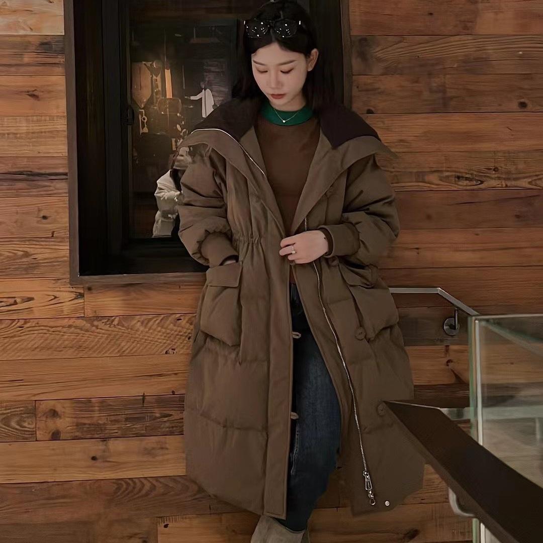 

Женская зимняя длинная корейская версия дизайна свободная. Хлопковая куртка Повседневное стеганое пальто Ретро с большим лацканом Хлопковая куртка L