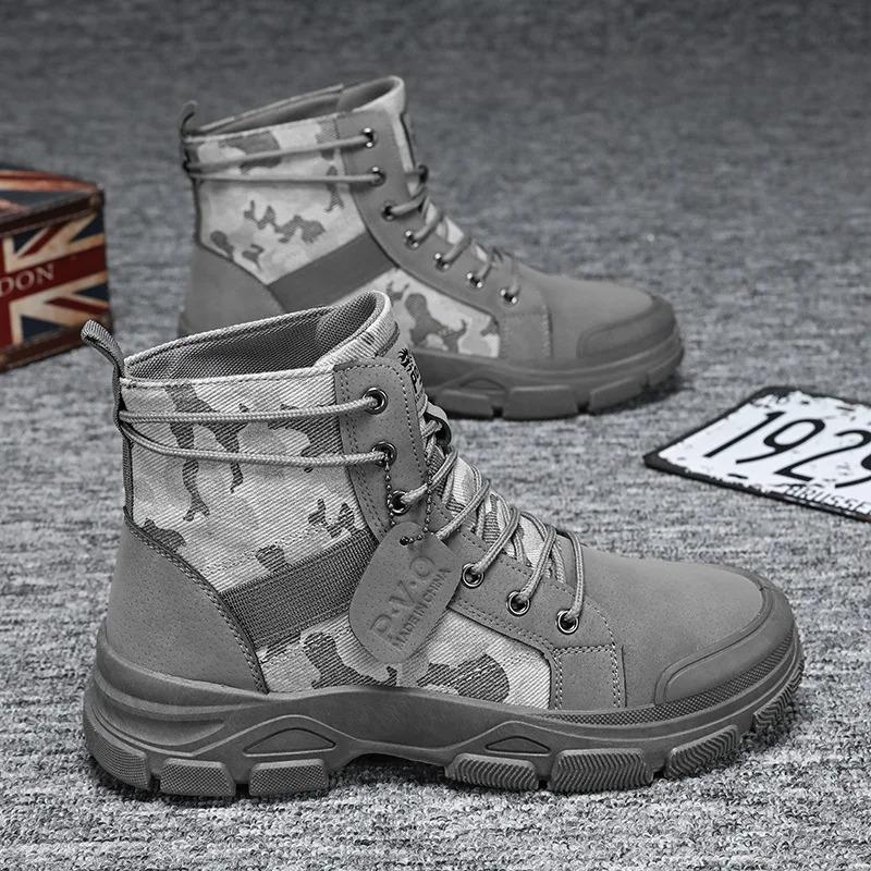 Herren High Top Stiefel Camouflage Trainingsstiefel Schnürung Knöchelhoch Klassische Atmungsaktive Canvas Stiefel für Herren Rutschfeste Wanderschuhe