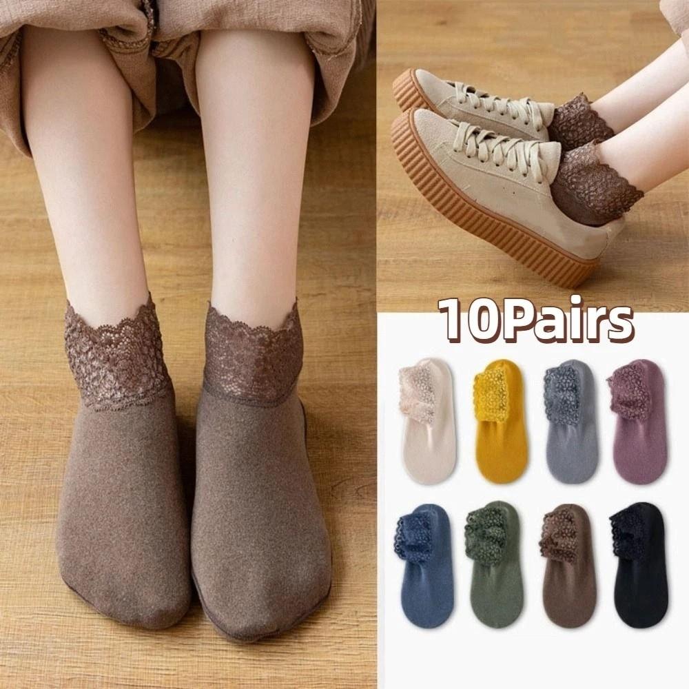 10Pairs Thicken Lace Socks Solid Color Home Slippers Fashion Winter Floor Shoes  Student