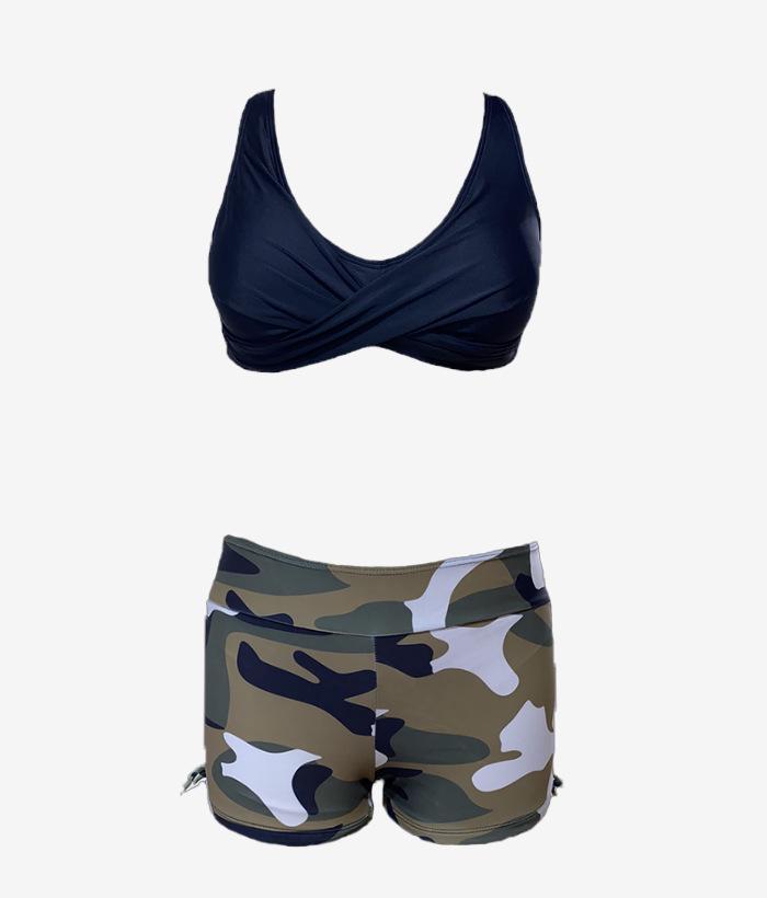 Cross-Border Women's Split Swimsuit: Sexy Solid Color Bikini with Camouflage Boxer Shorts