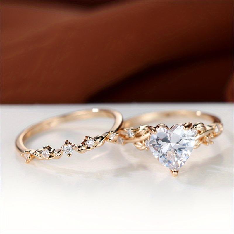 Royal Blue Green Black Red Stone Heart Ring Sets for Women Rose Gold Color White Zircon Bridal Wedding Bands Mothers Day Jewelry