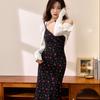 Combed Pure Cotton Rose Printed V-neck Suspender Dress for Women's Summer New Slit Sexy Long Skirt
