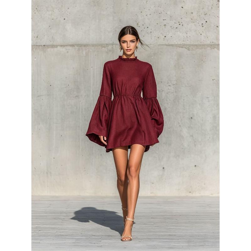 IHUASU Fashion Summer Spring Solid Color Print Long Sleeve  O-Neck Casual Dresses