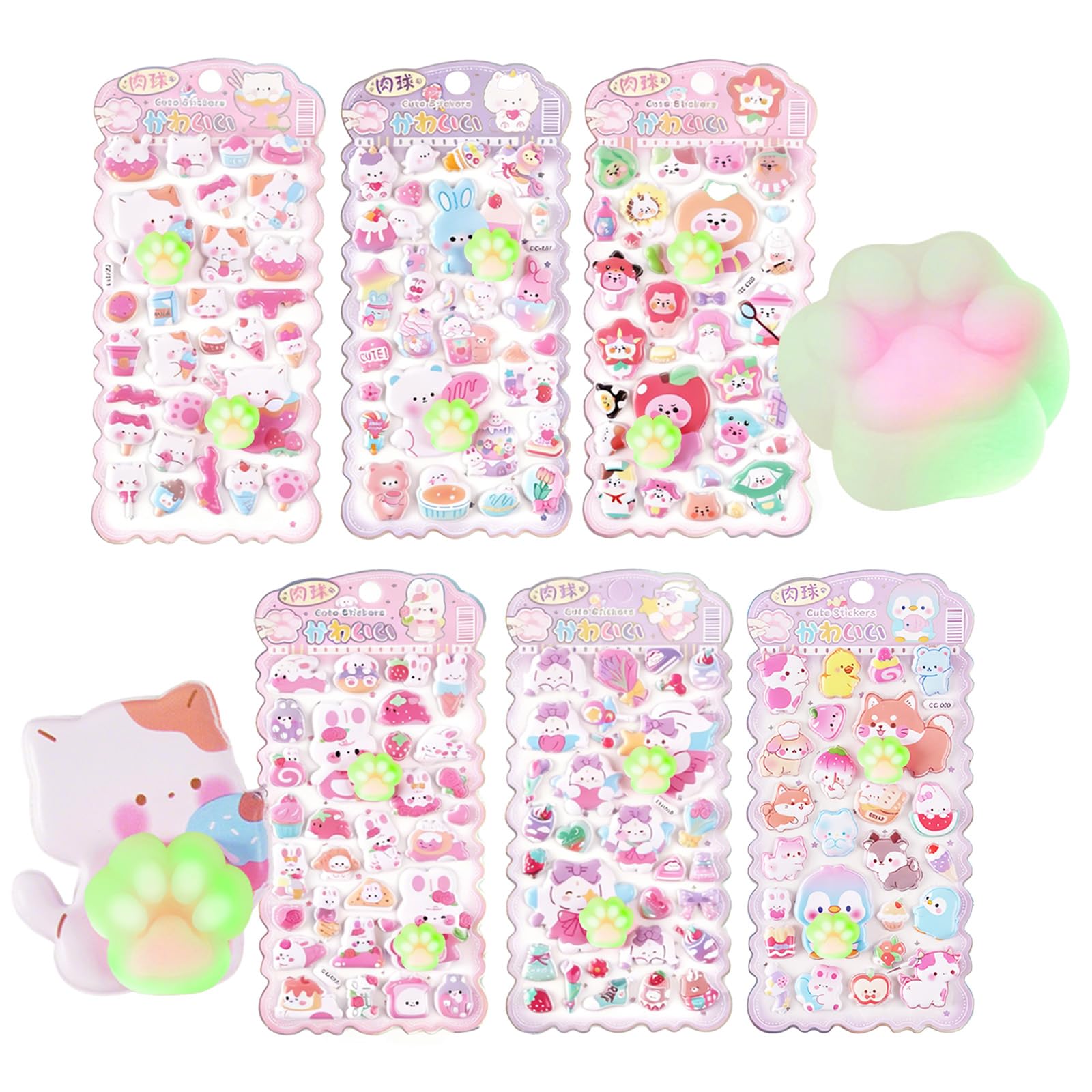 

Being Glow-in-the-Dark Paws Sticker Set 6 Sheets Puffy 3D Marshmallow Soft Chewy Squishy Animal Decoration Second Series