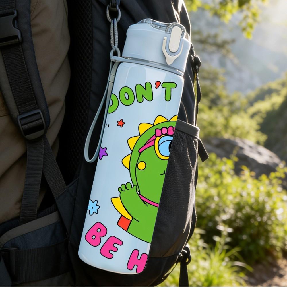 1PC Happy Green Dinosaur Slogan Print 750ml Color Plastic Sports Water Bottle Leakproof Flip Straw Lid Suitable for Sports Office Home Use