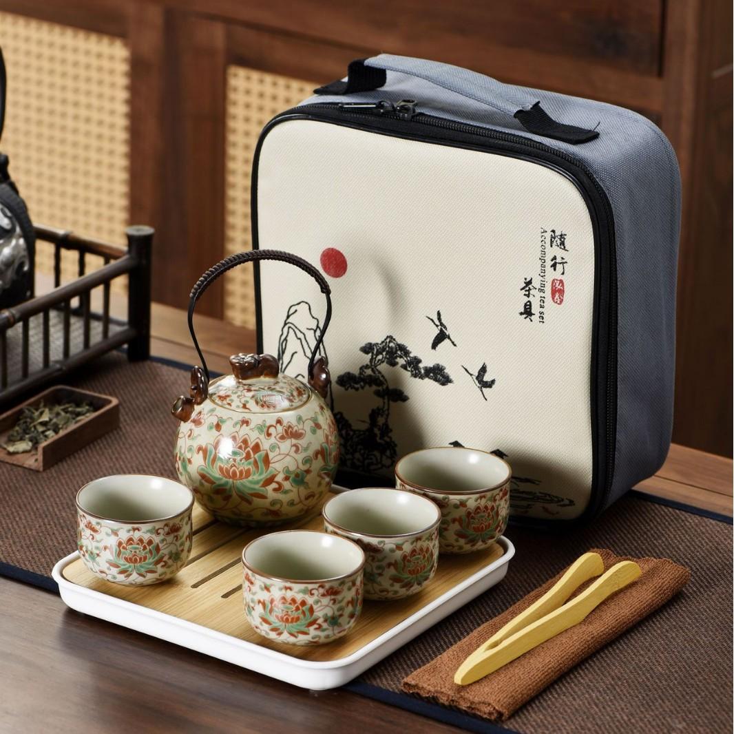

Chinese Kung Fu Travel Set,Ru-Yao Portable Tea Set for Outdoor Travel, Including One Pot and Four Cups, Suitable for Home Use