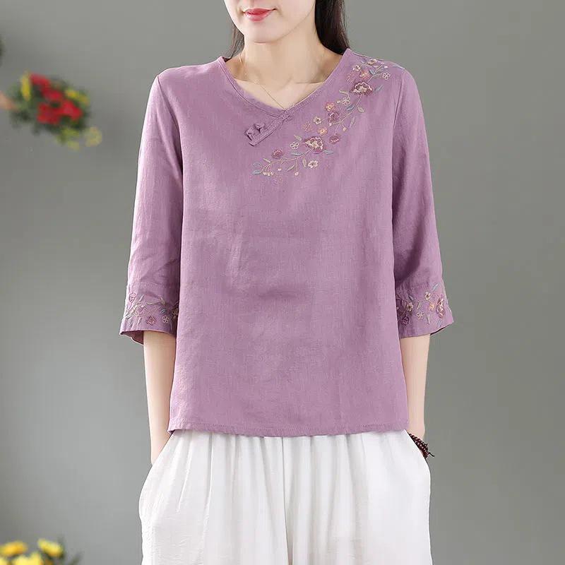 Ethnic Style Cotton-Linen Embroidered T-Shirt: Artistic Retro, Buttoned, Round Neck, Short Sleeve, Summer Loose Fit for Women