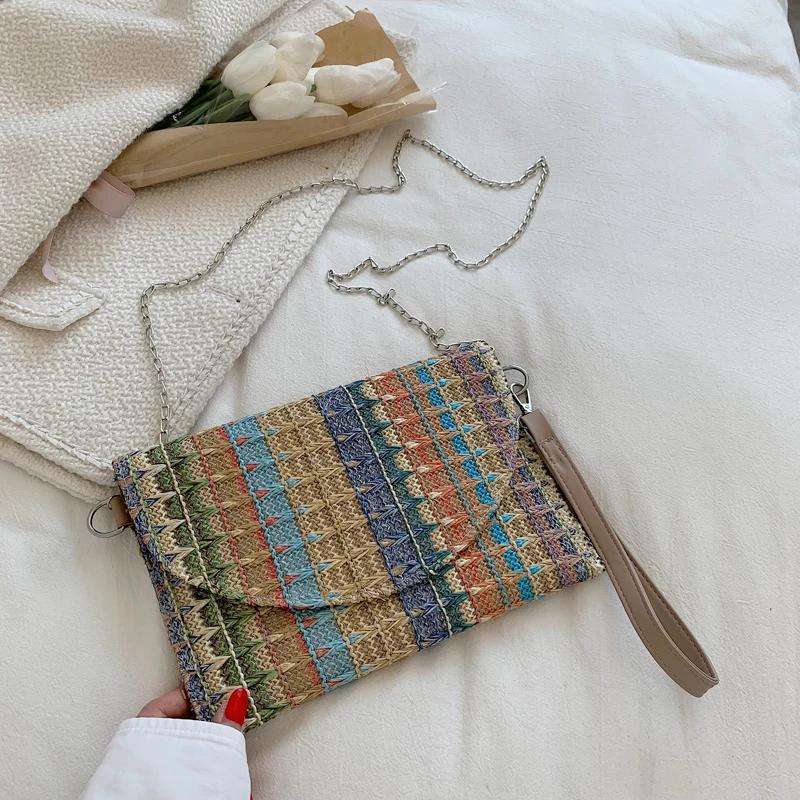 2025 Summer Straw Clutch Purse Bohemian Colorful Striped Wristlet Bag Hand-Woven Chic Hobo Bag Women's Retro Chain Crossbody Bag