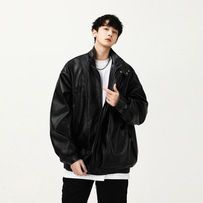 Locomotive Clothing Men's Trendy Brand Loose Tooling PU Leather Jacket Autumn High Street Trend Casual Ruffian Handsome Stand-up Collar Jacket