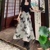 [Original Fabric + Practice] Fat Mm National Style Skirt Splicing Square Collar Long Skirt Ink Printing Gentle Wind Jumpsuit