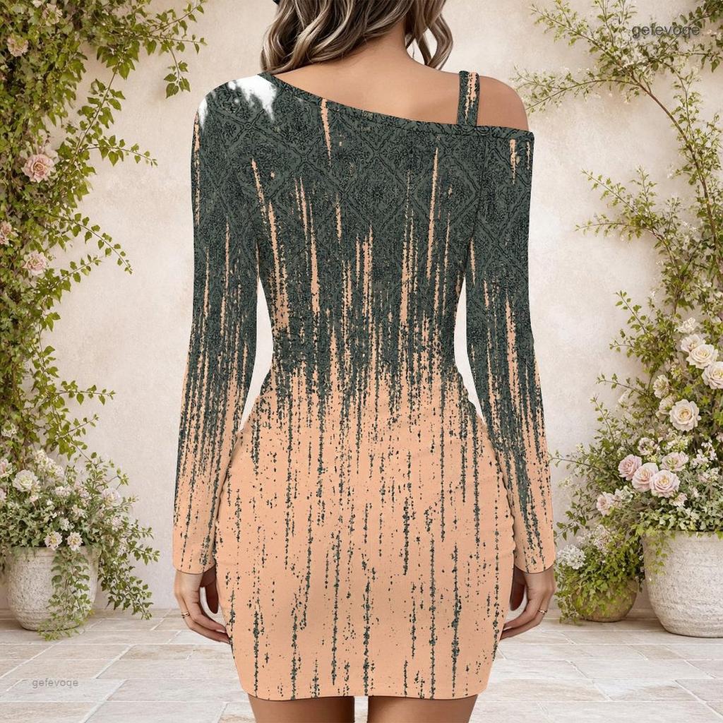 Women Plus Size One Shoulder Long Sleeve Printed Bodycon Mini Dress