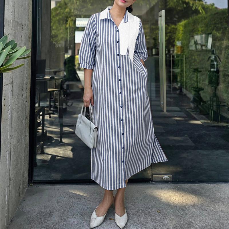 ZANZEA Women Casual Turn Down Collar Loose 3/4 Sleeve Stripe Dress