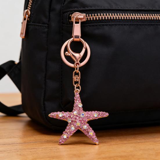 Keychain Sparkling Rhinestones Inlaid Starfish Design Keychain Pendant Enamel Oil Drip Process Smooth Edges Spring Buckle Key Holder Backpacks