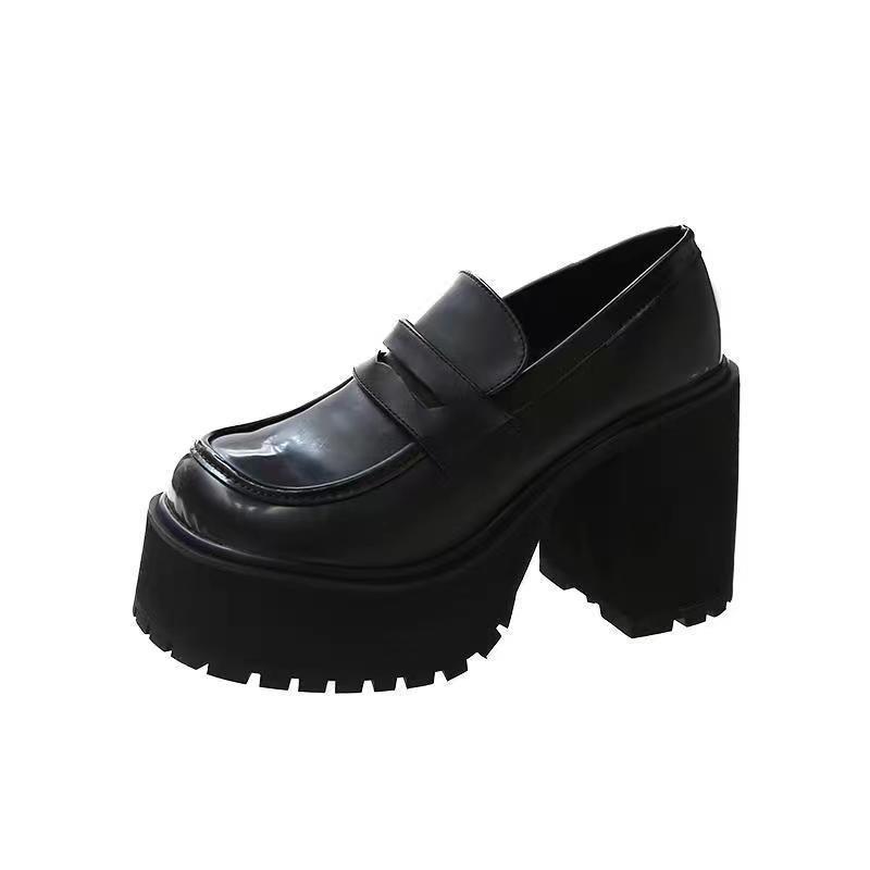 New Versatile Thick-soled Round-toe Leather Shoes for Women, High Heels