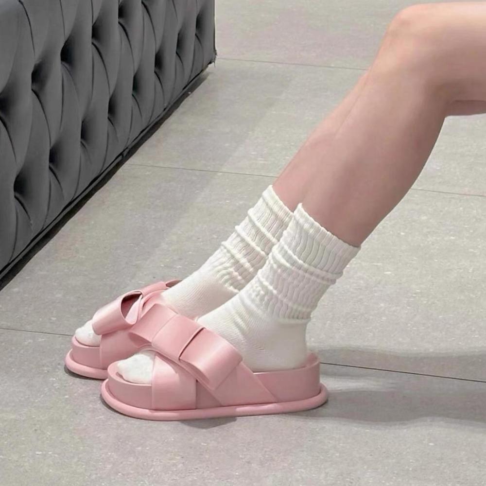 Fashion Women's Slippers 2025 Summer New Round Headed One-piece Slippers Womens Genuine Leather French Large Bow Thick Soled Women Shoes
