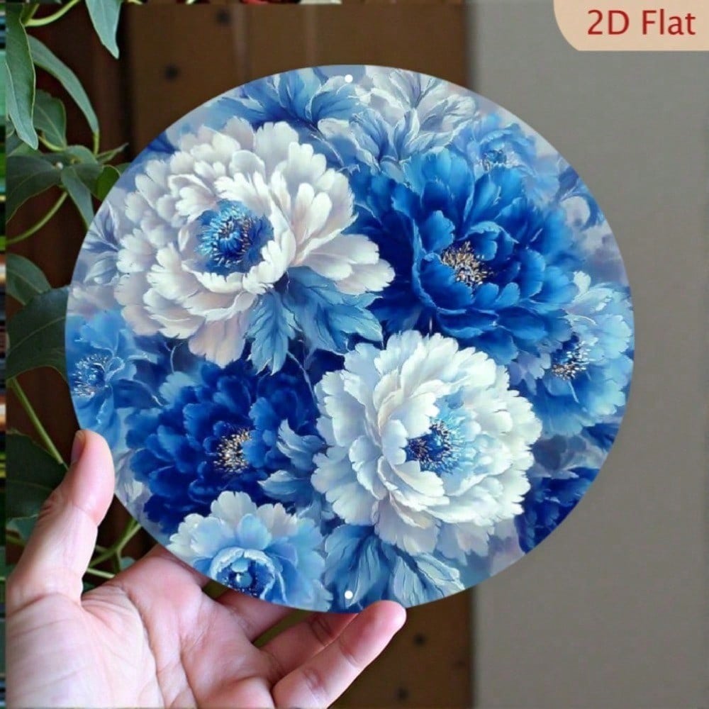 Handmade Blue White Peony Metal Wall Art Round Aluminum Poster 8 Inch