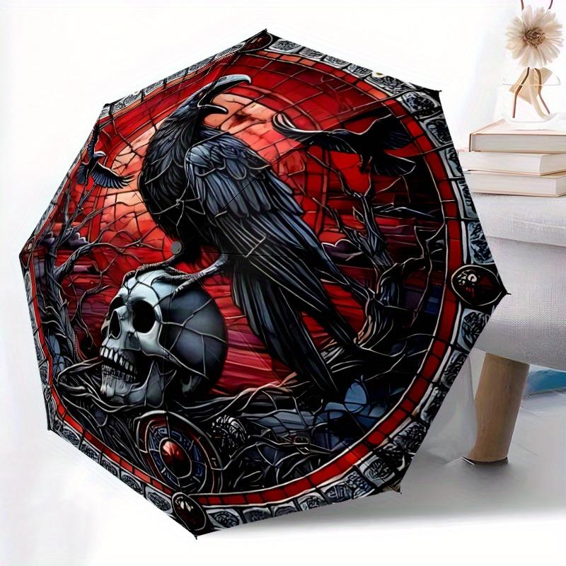 1pc Raven Skull Stained Glass Automatic Open/close Folding Umbrella, Compact Portable Travel Umbrella, Perfect Birthday/Christmas, Cute Umbr