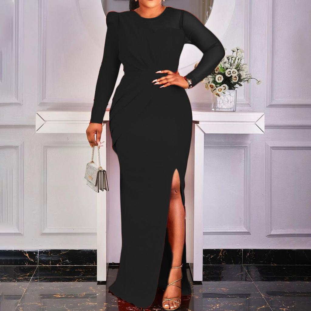 Sukienka z rozcięciem w jednolitym kolorze i siateczką - europejska i amerykańska spódnica w dużych rozmiarach w modzie