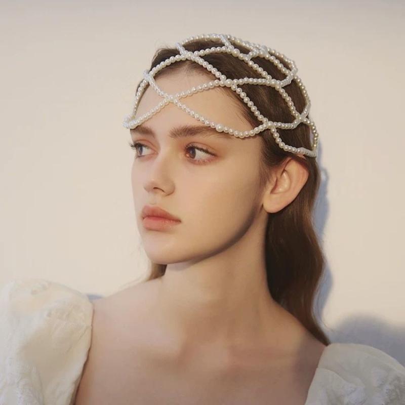 

Fashionable Mesh Hair Accessories Totally Hand-Made Pearl Hat Chain Bridal Head Ornament Tassel Fashion Hair Chain A2