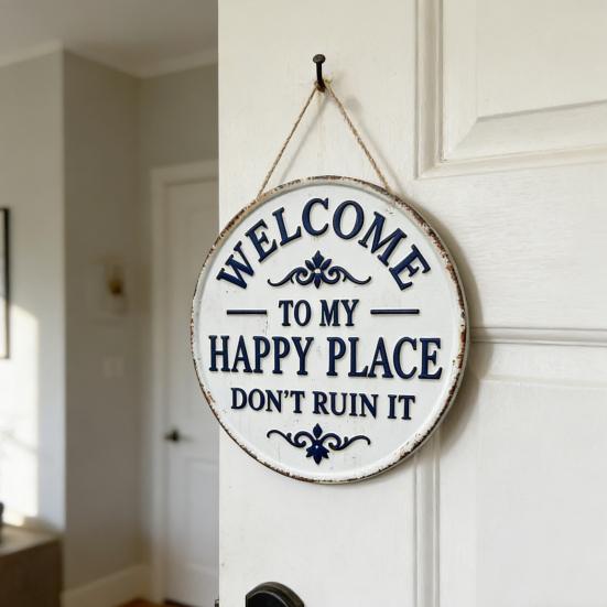 Welcome Sign for Front Door Round Metal Welcome to My Happy Place Hanging Plaque for Home Office Bedroom Kitchen Dining Bar Decor