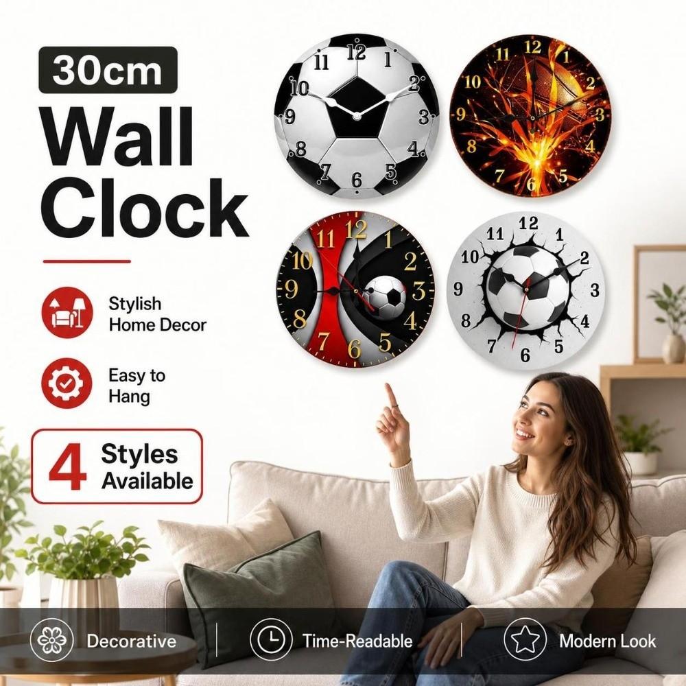 30cm Round Wall Clock Silent Soccer Quartz Clock Modern Football-Themed Wooden Clock  Home Office