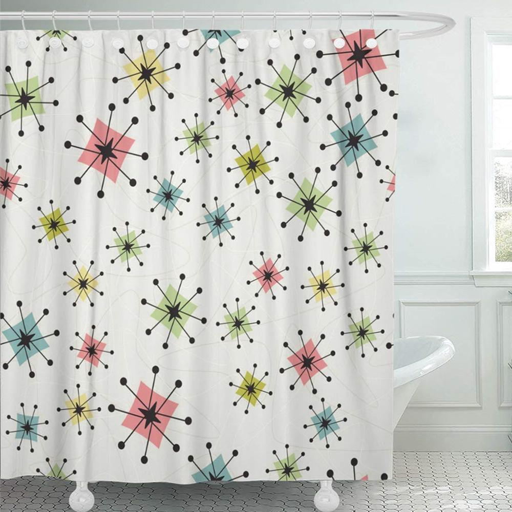 Shower Curtain Vintage Atomic Stars Retro Pattern on Of Boomerangs Mid Centry Waterproof Polyester Fabric Bathroom Set with Hook
