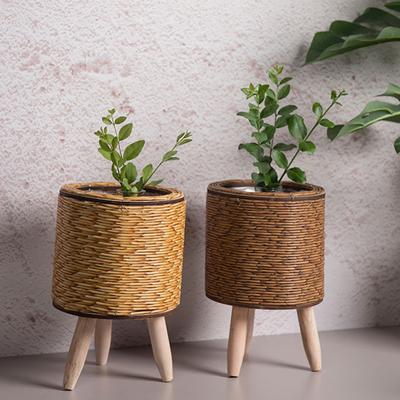 Rattan Flower Basket Stand Wooden Legs Triangle Plant Holder Desktop Rattan Weaving Multipurpose Storage for Succulents Plants