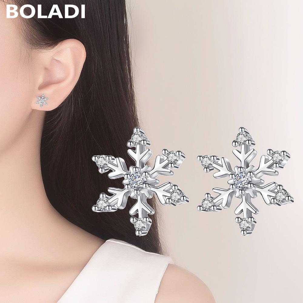 S925 Sterling Silver Snowflake Flower Stud Earrings with Inlaid Diamonds, Sweet and Romantic Christmas Accessory for Women