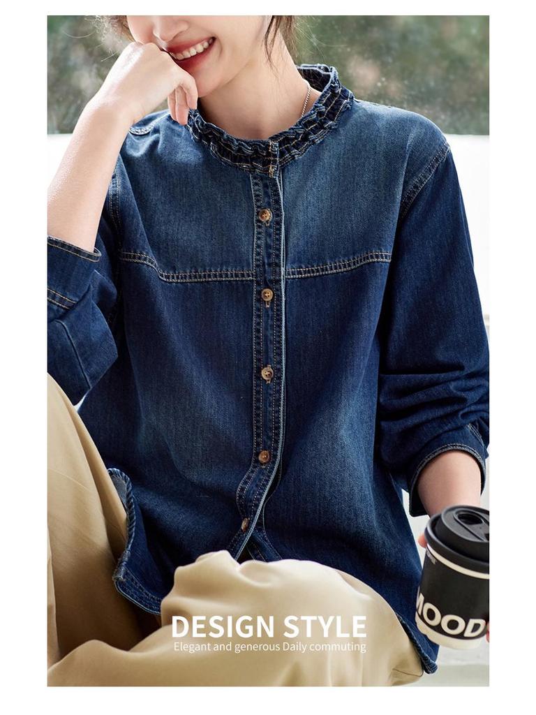 Women's Long Sleeve Retro Blue Denim Shirt Jacket with Ruffled Collar - 2026 Spring Arrival
