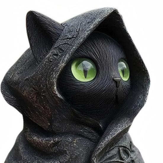 Hooded Cat Statue Resin Mysterious Black Cat Figurine Gothic Tabletop Mini Cat Sculpture Halloween Decoration Gift for Cat Lovers